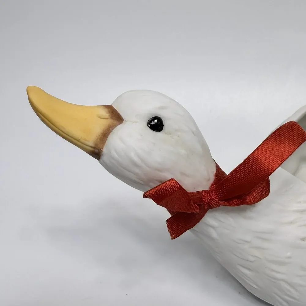 Vintage 1990s Bisque Porcelain Country Goose Planter Cottagcore Red Bow 8